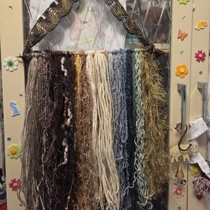 Handcrafted Neutral Yarn Wall Hanging Boho Textured Tapestry Brown Blue Upcycled